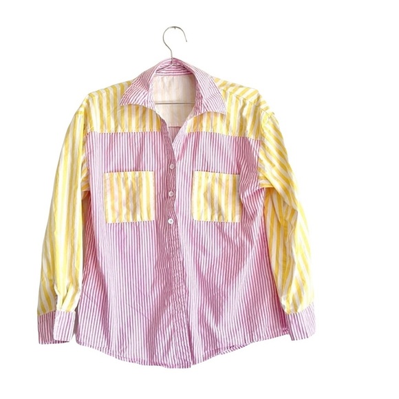 No Brand Tops - Yellow and Pink Long Sleeve Button Down Shirt Size S.Oversized Cotton LongSleeve